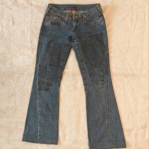 True Religion Size 27 Vintage Joey Patch Blue Jeans Low Rise Flare Boot Cut